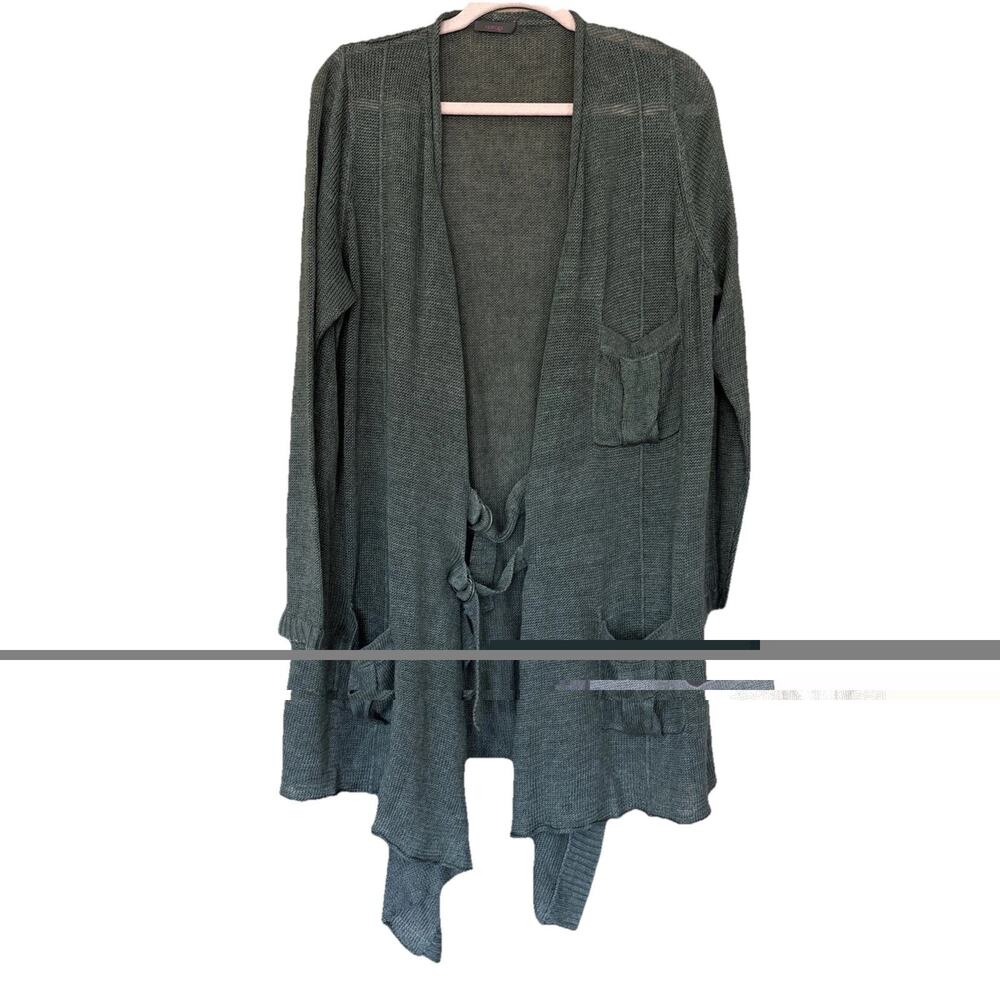 Wrap London Linen Knit Cardigan Sz 14 Olive Green Draped Longline Lagenlook Boho